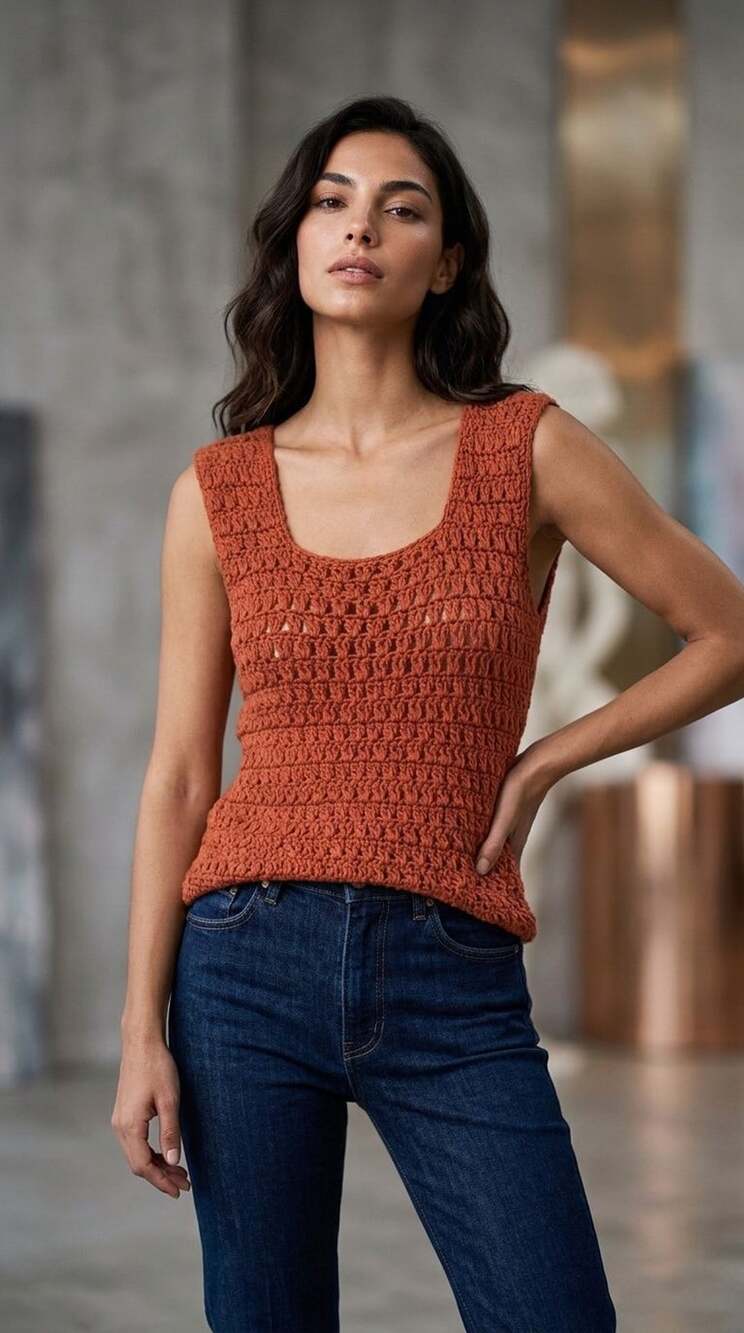 Montgomery Ward Vintage 100% Acrylic Rust Orange Crochet Tank Top